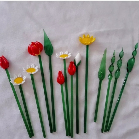 Vtg Lot of Glass Flowers Stems HANDBLOWN Set of 14